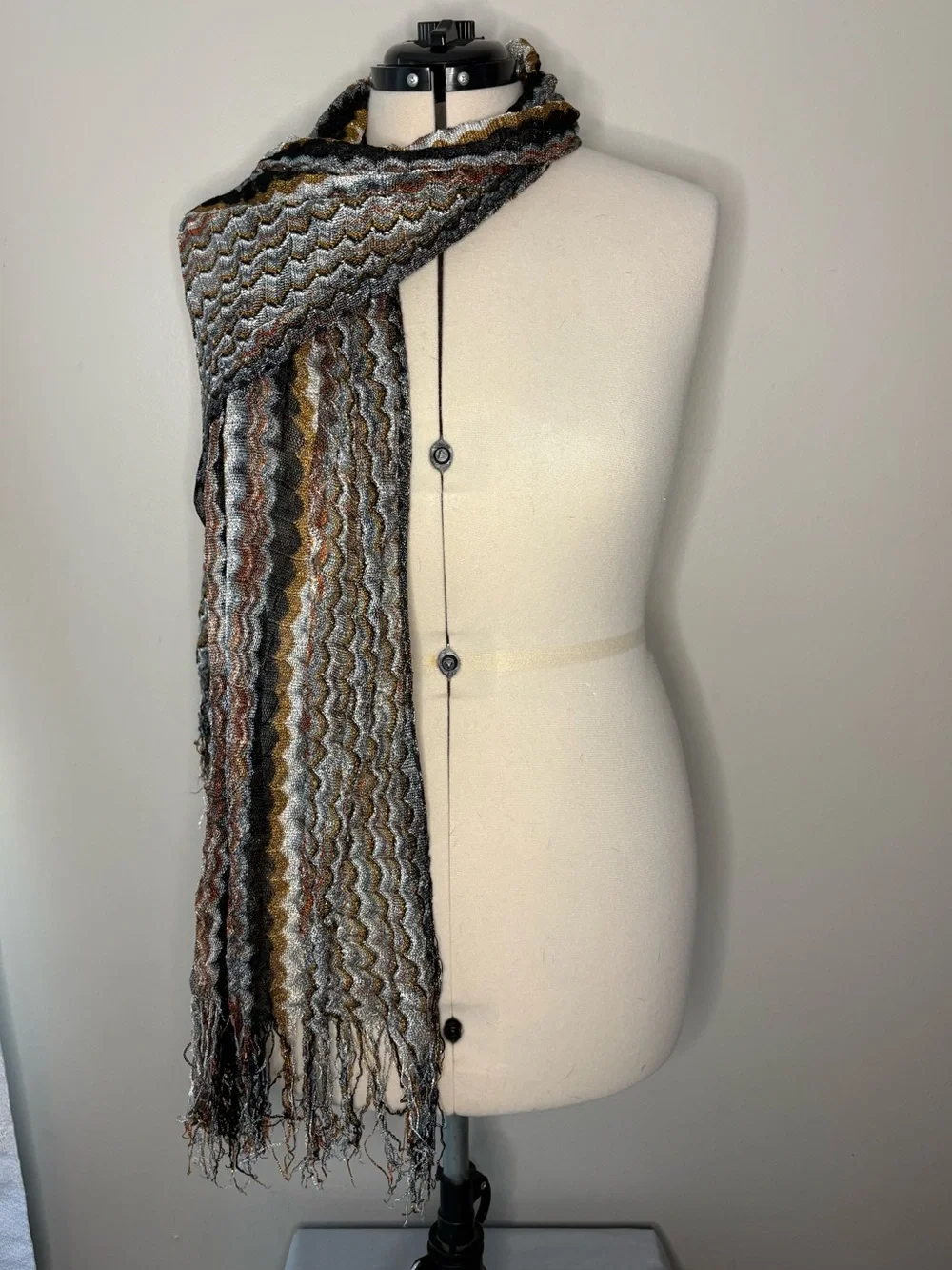 Striped Textured Fringe Scarf in Brown, Black & Gray